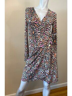 BCBG Max Azria Adele Colorful Leopard Print Long Sleeve Jersey Wrap Dress Size S